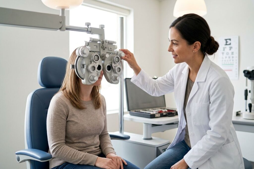 Optometrist adjusting a phoropter as a patient looks through it during an eye exam.