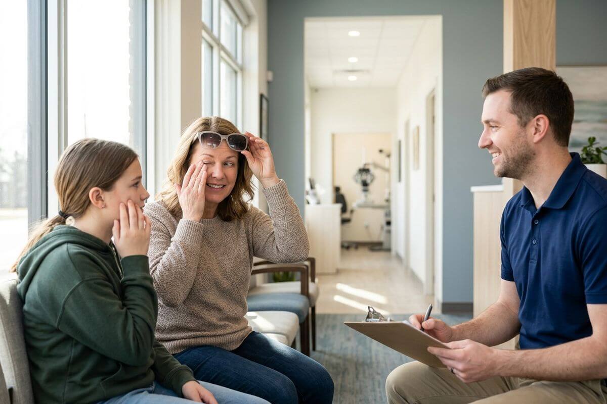 A parent squinting and holding a hand to their eyes to shield themselves from bright light while the child talks to an optometrist.
