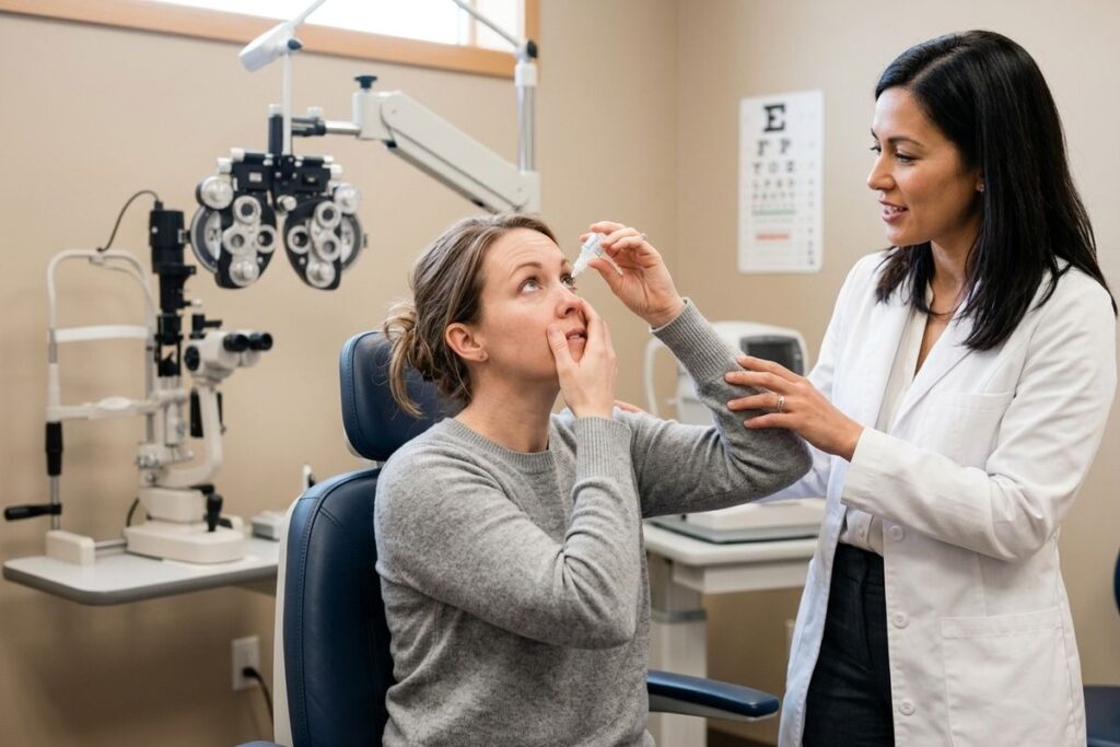 Person tilting their head back to apply eye drops to their eyes.