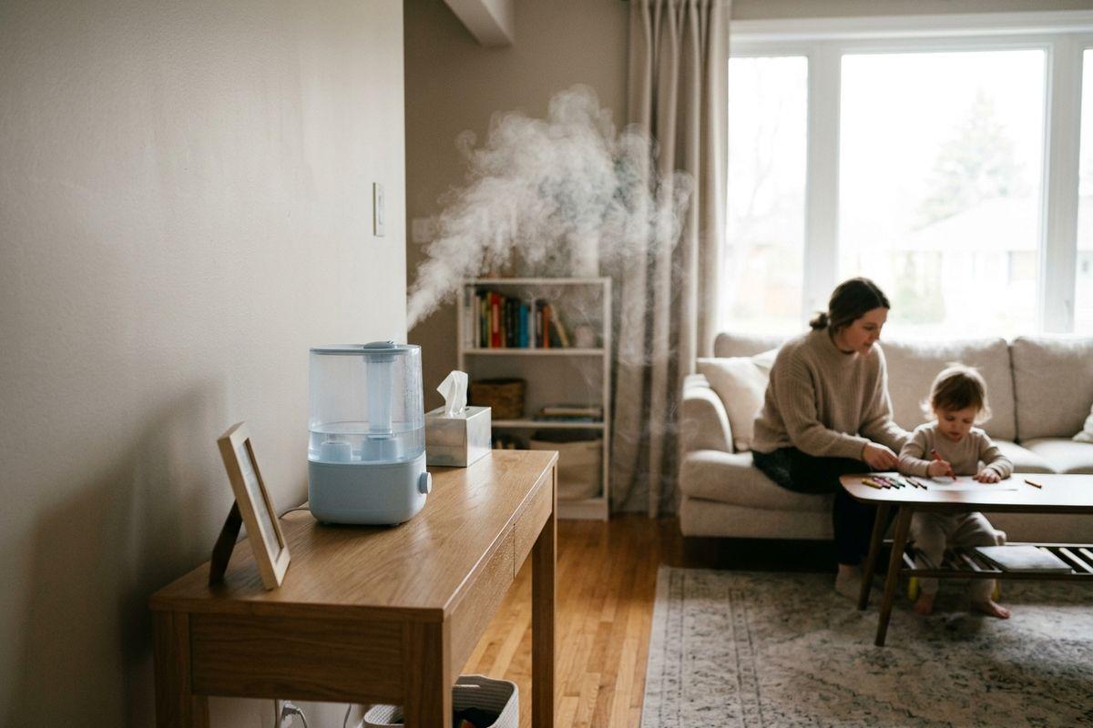 Running humidifier releasing mist into a family living room.