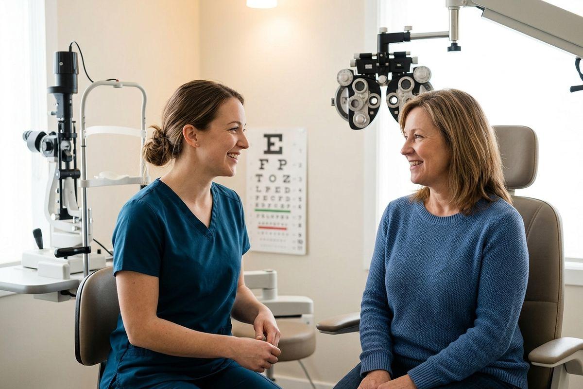 A person chatting with a local Orangeville eye doctor during a family eye care visit.