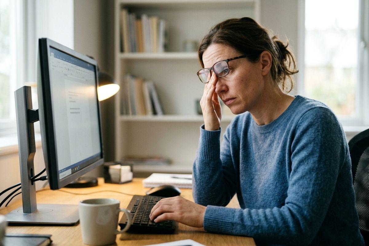 Adult rubbing tired eyes while experiencing digital eye strain while working at a computer.