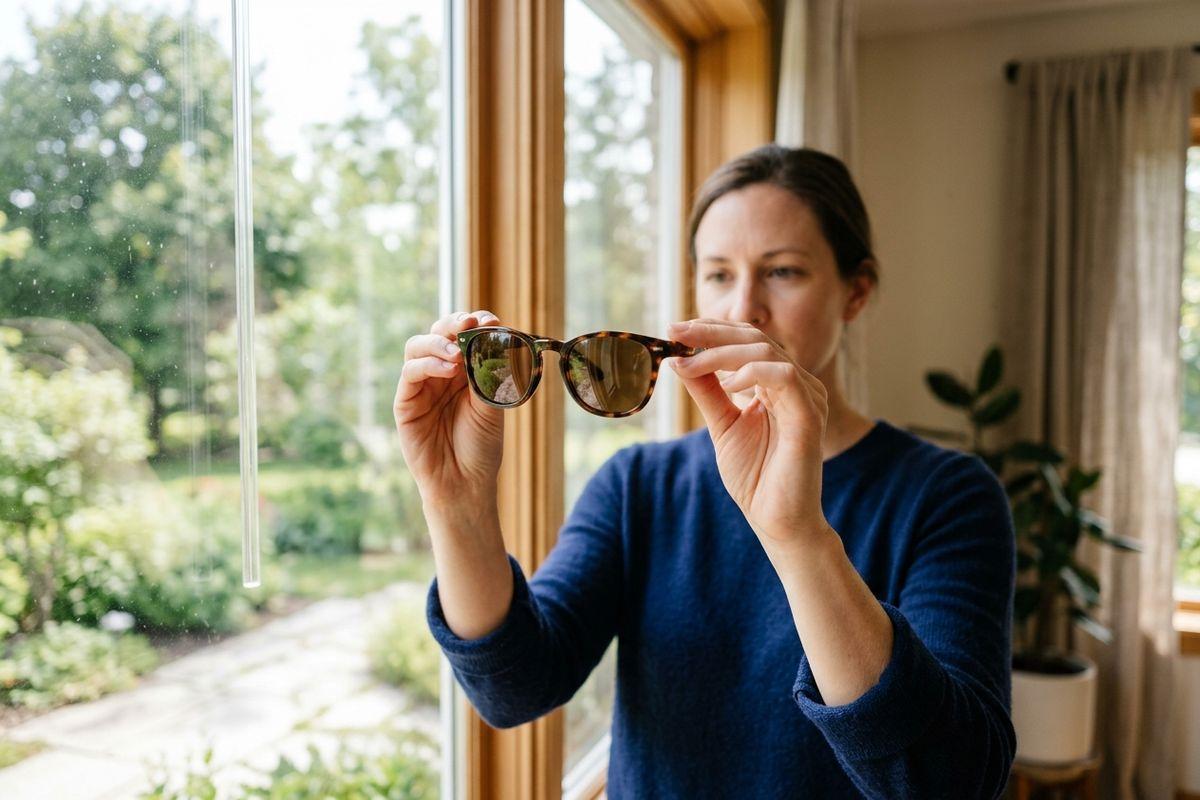 Person in blue sweater holding up tortoiseshell sunglasses, inspecting them near a window with a garden view.