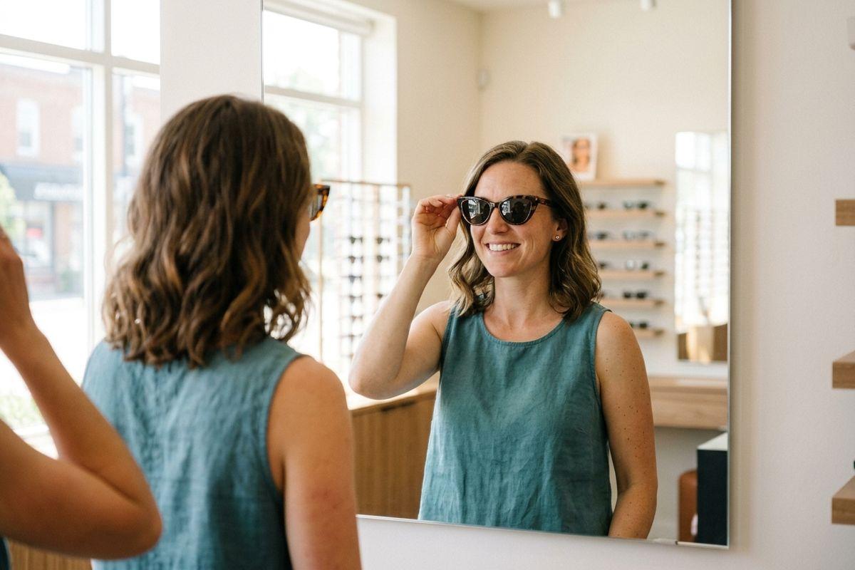 Person trying on sunglasses, smiling at their reflection in a mirror at an eyewear shop.