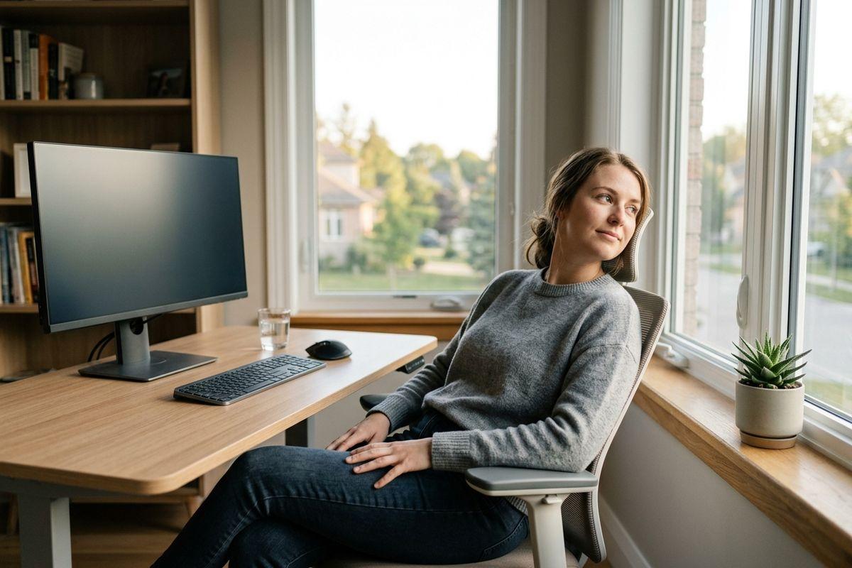 Person in gray sweater sits at desk with monitor, gazing out window at a suburban view.