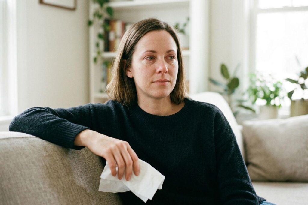 Tearful adult in a dark sweater sits on a couch holding a tissue, arm resting on the cushion, in a bright living room with plants and shelves.