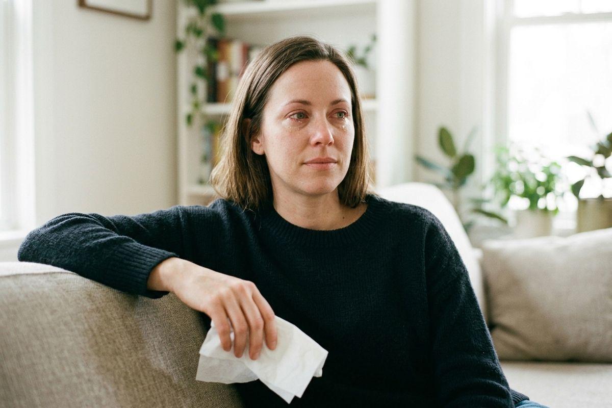 Tearful adult in a dark sweater sits on a couch holding a tissue, arm resting on the cushion, in a bright living room with plants and shelves.